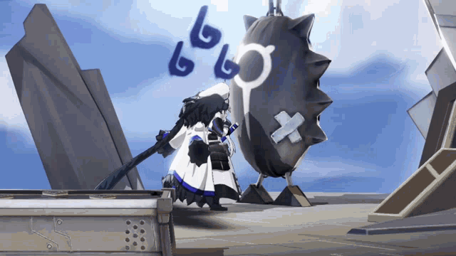 a cartoon character is standing next to a large object with the letters lg on it