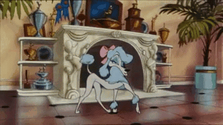 a cartoon poodle with a pink bow is dancing in front of a fireplace .