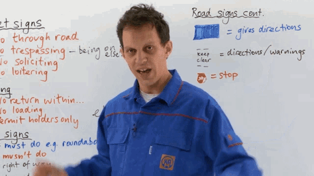 a man stands in front of a white board that says " road signs "