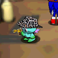 a cartoon character wearing a leopard print hat and holding a key