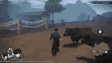 a screenshot of a video game shows a man standing next to two cows and the words head to shinagawa