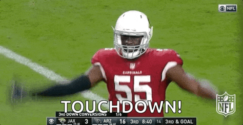 a football player with the number 55 on his jersey is celebrating a touchdown