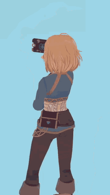 a person is holding a cartoon character 's arm with the letter e on the back