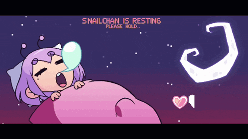a cartoon drawing of a girl sleeping with the words " snailchan is resting please hold "