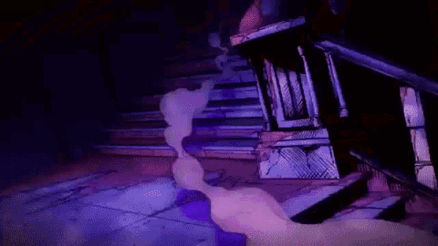 a person is standing on a set of stairs with a purple smoke coming out of them .
