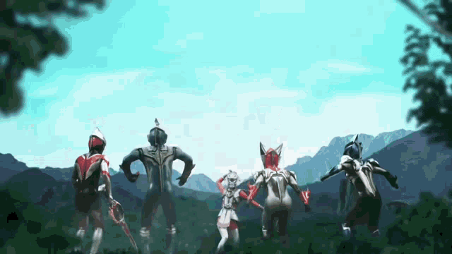 a group of cartoon characters are running through a field