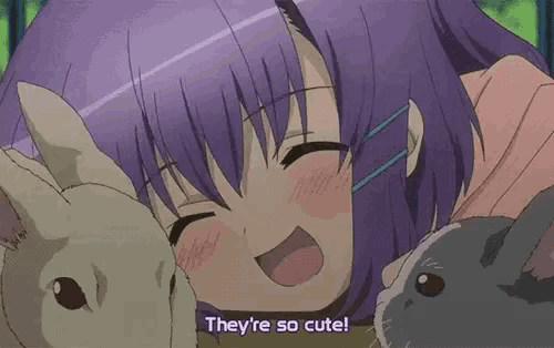 a girl with purple hair is petting two rabbits and says " they 're so cute "