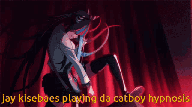 a cartoon of a person playing a guitar with the words jay kisebaes playing da catboy hypnosis above them