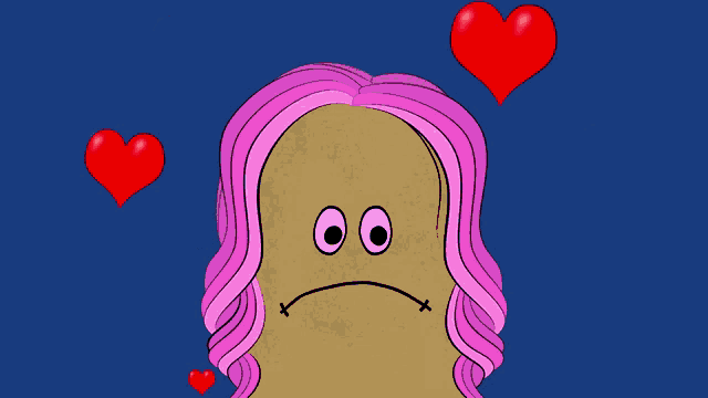 a cartoon character with pink hair and red hearts around her