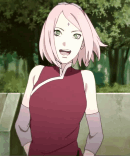 a girl with pink hair and green eyes is wearing a red top