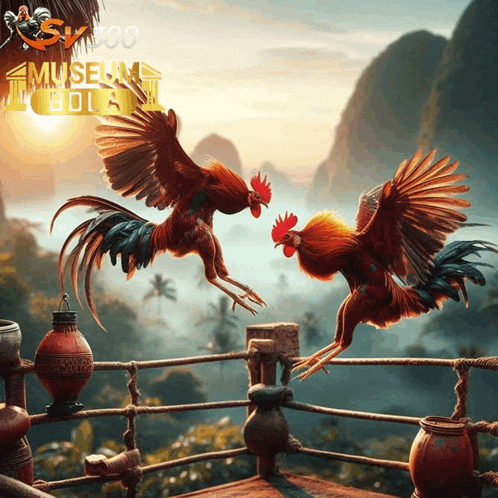 two roosters are fighting in a boxing ring with the words museum bola on the top
