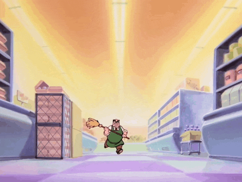 a cartoon character is holding a broom in a store