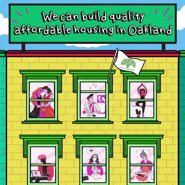 a cartoon drawing of a building that says we can build quality affordable housing in oakland on the top
