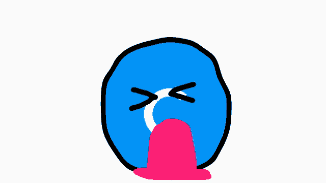 a drawing of a blue ball with a pink tongue sticking out of it