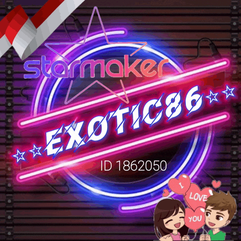a neon sign for starmaker exotic86 with a man and woman holding balloons