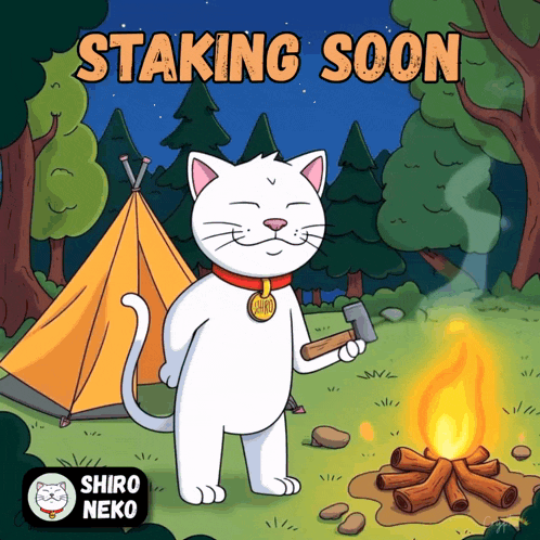 a cartoon of a cat holding a hammer with the words staking soon written above it