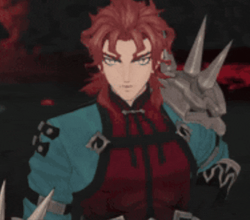 a cartoon character with red hair is wearing a blue jacket and holding a sword .