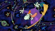 a cartoon unicorn is flying through space on a broom .