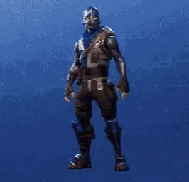 a man in a helmet is standing in front of a blue background in a video game .