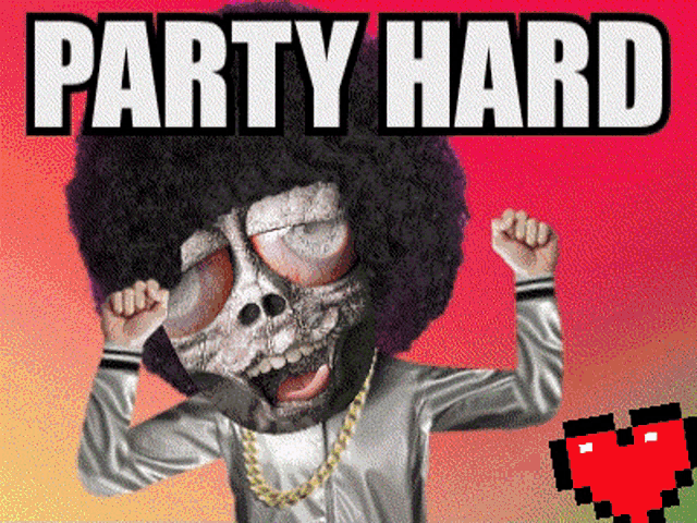 a cartoon of a skeleton with an afro and the words party hard on the bottom
