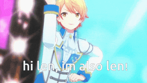 a cartoon character is standing on a stage and says hi len , im also len !
