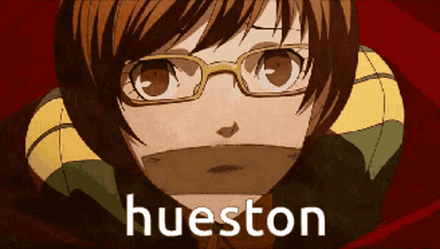 a close up of a person with glasses and the word hueston
