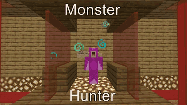 a purple monster is standing in a room with the words monster hunter below it