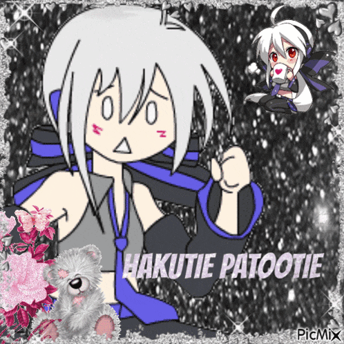 a picture of hakutie patootie with a teddy bear and flowers
