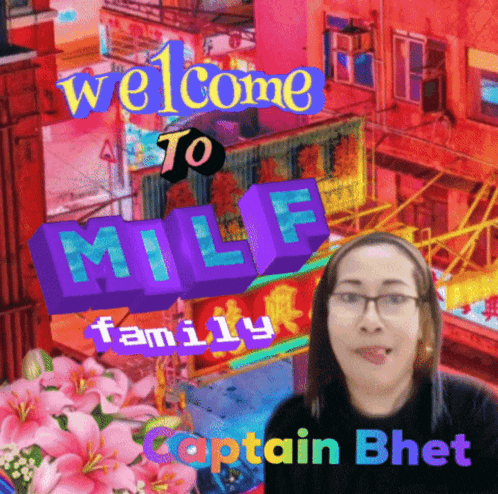 a woman stands in front of a sign that says " welcome to milf family "