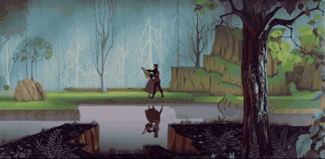 a painting of a man and woman walking through a forest