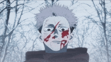 a man with blood on his face is standing in front of trees