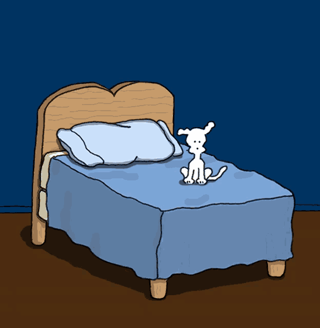 a cartoon of a dog laying on a bed with a pillow