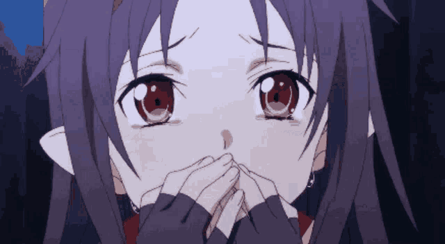 a girl with purple hair and red eyes is covering her face with her hands