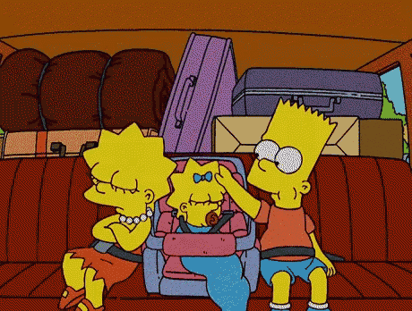 bart simpson and lisa simpson sit in the back seat of a car with luggage