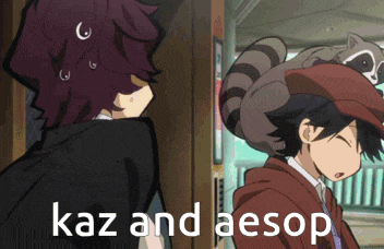 a picture of two anime characters with the words kaz and aesop