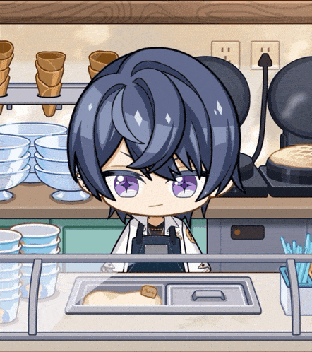 a cartoon character with blue hair and purple eyes