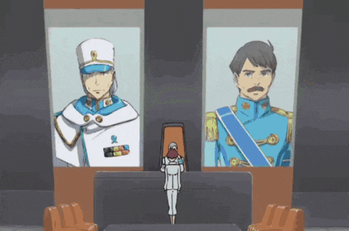 a man in a blue uniform is standing in front of two posters