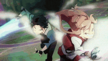 a boy and a girl are standing next to each other in a cartoon scene