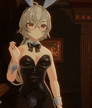 a girl in a bunny suit with glasses and red eyes