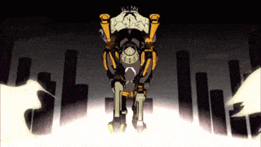 a robot with a crown on its head stands in front of a dark background