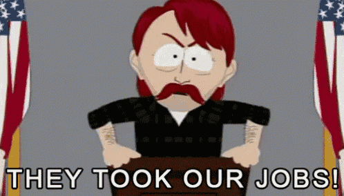 a cartoon man with red hair and a mustache is standing at a podium and says `` they took our jobs ! ''