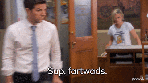 a man in a white shirt and blue tie says sup fartwads