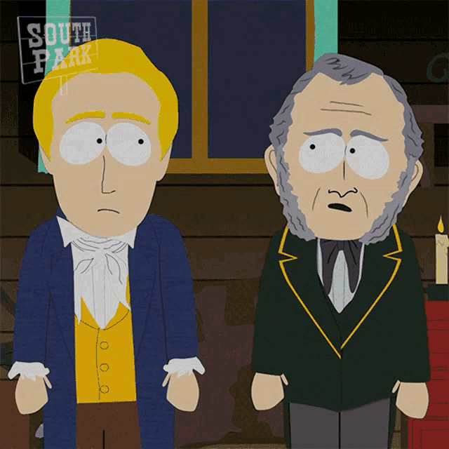 two cartoon characters from south park are standing next to each other in a dark room