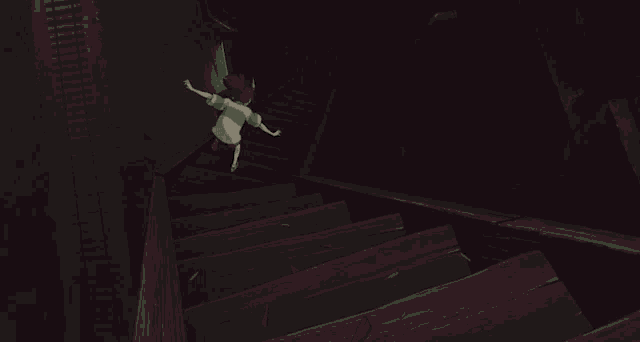 a girl in a green and white striped shirt is jumping in the air with her mouth open