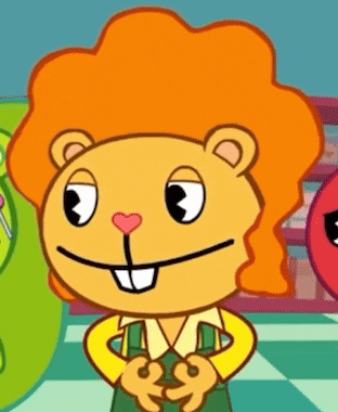 a cartoon lion with orange hair is smiling and wearing overalls