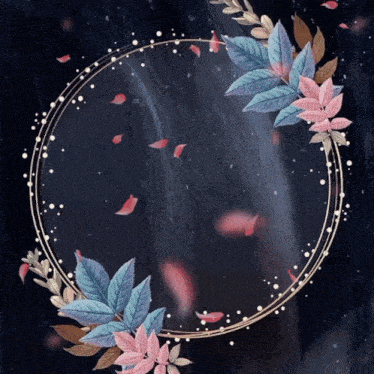 a circle of flowers and leaves on a black background