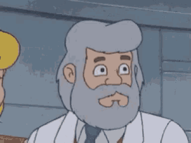 a cartoon character with a beard and a white coat is looking at the camera .