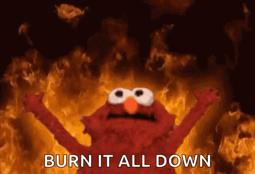elmo says burn it all down in front of a fire