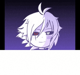 a drawing of a person 's face with purple hair and red eyes