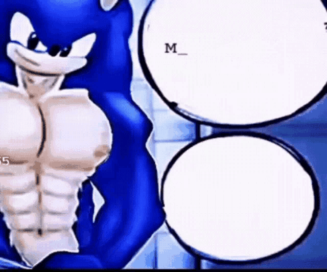 sonic the hedgehog is flexing his muscles in front of two circles with the letter m on them .